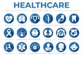 Blue Icon Set of Cardiology, Neurology, Gynecology, Orthopedy, Gastroenterology, Stomatology,Oncology, Dermatology, Urology,