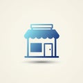 A blue icon of a small shop with a simple flat design. The shop features a striped awning, a Royalty Free Stock Photo