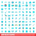 100 blue icons set, cartoon style