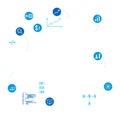 Blue icons technology science concept. Circular icons connected dashed lines, digital network