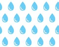 Blue identical drops of water on white background, seamless pattern. Drops as symbol of rain. Heavy rain. Vector background Royalty Free Stock Photo