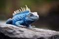 blue iguana showing dewlap on rocky terrain