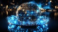 Blue illuminated globe placed atop a metallic surface, AI-generated.