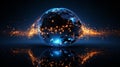 Blue illuminated globe placed atop a metallic surface, AI-generated.