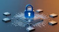 Digital security concept with blue glowing padlock icon over computer microchips and electronic components Royalty Free Stock Photo