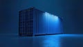 Blue illuminated shipping container stands on dark floor. Vertical light lines create modern geometric pattern on metal surface. Royalty Free Stock Photo