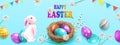 Blue illustration with nest, Easter eggs and cute bunny Royalty Free Stock Photo