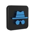 Blue Incognito mode icon isolated on transparent background. Black square button.