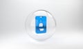 Blue Incoming call on mobile phone icon isolated on grey background. Friends call. Glass circle button. 3D render