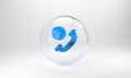 Blue Incoming call on mobile phone icon isolated on grey background. Friends call. Glass circle button. 3D render