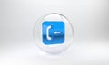 Blue Incoming call phone icon isolated on grey background. Phone sign. Telephone handset. Glass circle button. 3D render Royalty Free Stock Photo