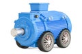 Blue industrial electric motor on car wheels, 3D rendering