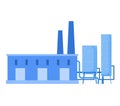 Blue industrial factory building with chimneys and storage tanks. Simple flat design of a manufacturing plant