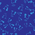 Blue Industrial machine robotic robot arm hand factory icon isolated seamless pattern on blue background. Industrial Royalty Free Stock Photo