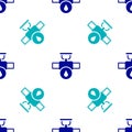 Blue Industry metallic pipe and valve icon isolated seamless pattern on white background. Vector