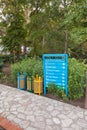 Blue information signs on the direction of the park area in the hotel