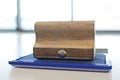 Blue ink color stamp box and wooden rubber stamp on the table Royalty Free Stock Photo