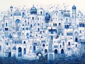 Moroccan or Arabic cityscape in blue ink line art