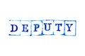 Blue ink of rubber stamp in word deputy on white paper background