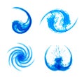 Blue ink splash logos set. Swirl water wave design elements. Eco fluid stream patterns. Clean water concept template