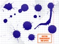 Blue ink spot set, paint blot. Semitransparent vector shapes on school notebook sheet background