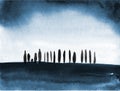 Blue ink wash painting of trees in field. Traditional Japanese ink painting sumi-e.