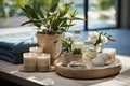 The blue interior of beautiful sunny relaxing SPA zone with towels, candles, plants. Advertising of wellness. Copy space Royalty Free Stock Photo