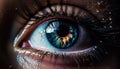 The blue iris staring back, a reflection of futuristic surveillance generated by AI