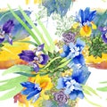 Blue irises bouquet floral botanical flowers. Watercolor background illustration set. Seamless background pattern.