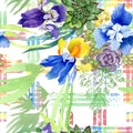 Blue irises bouquet floral botanical flowers. Watercolor background illustration set. Seamless background pattern.