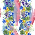 Blue irises bouquet floral botanical flowers. Watercolor background illustration set. Seamless background pattern.