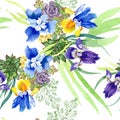 Blue irises bouquet floral botanical flowers. Watercolor background illustration set. Seamless background pattern.