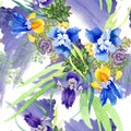 Blue irises bouquet floral botanical flowers. Watercolor background illustration set. Seamless background pattern.