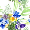 Blue irises bouquet floral botanical flowers. Watercolor background illustration set. Seamless background pattern.