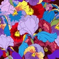 Blue irises and red and purple pansy on a dark background. Seamless vector pattern Royalty Free Stock Photo