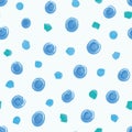 Blue irregular paint brush polka dots vector seamless pattern. Trendy seamless pattern. Aqua blue circles on white