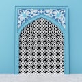 Blue Islamic Arch With Traditional Floral Design On Top And Arabesque Pattern Frame