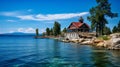 Vibrant Seaside Scenes: A Grandiose Architecture On The Shore Of Lake Tahoe