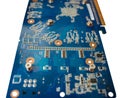 Blue isolated motherboard or computer boar with chips and component on it on a white background Royalty Free Stock Photo