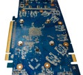 Blue isolated motherboard or computer boar with chips and component on it on a white background Royalty Free Stock Photo