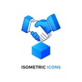 Blue isometric handshake icon over a blue cube with text image Royalty Free Stock Photo