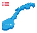 Blue isometric map of country norway with pointer of capital Oslo. Realistic 3d vector concept map easy to edit and