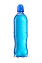 Blue isotonic sport energy drink in a transparent bottle isolated on white background. Sport cap dispenser