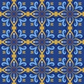 Blue italian ceramic tile seamless pattern backgrounds. Traditional ornate talavera decorative color tiles azulejos Royalty Free Stock Photo