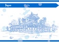 Blue japan sketch work temple hand drawn postcard