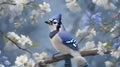 Blue jay bird on a branch of a blossoming apple tree Royalty Free Stock Photo