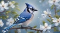 Blue jay bird on a branch of blossoming sakura Royalty Free Stock Photo