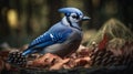 Blue Jay bird closeup with forest background. Generative AI Royalty Free Stock Photo