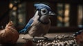 Blue Jay bird closeup with forest background. Generative AI Royalty Free Stock Photo