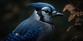 Blue Jay bird closeup with forest background. Generative AI Royalty Free Stock Photo